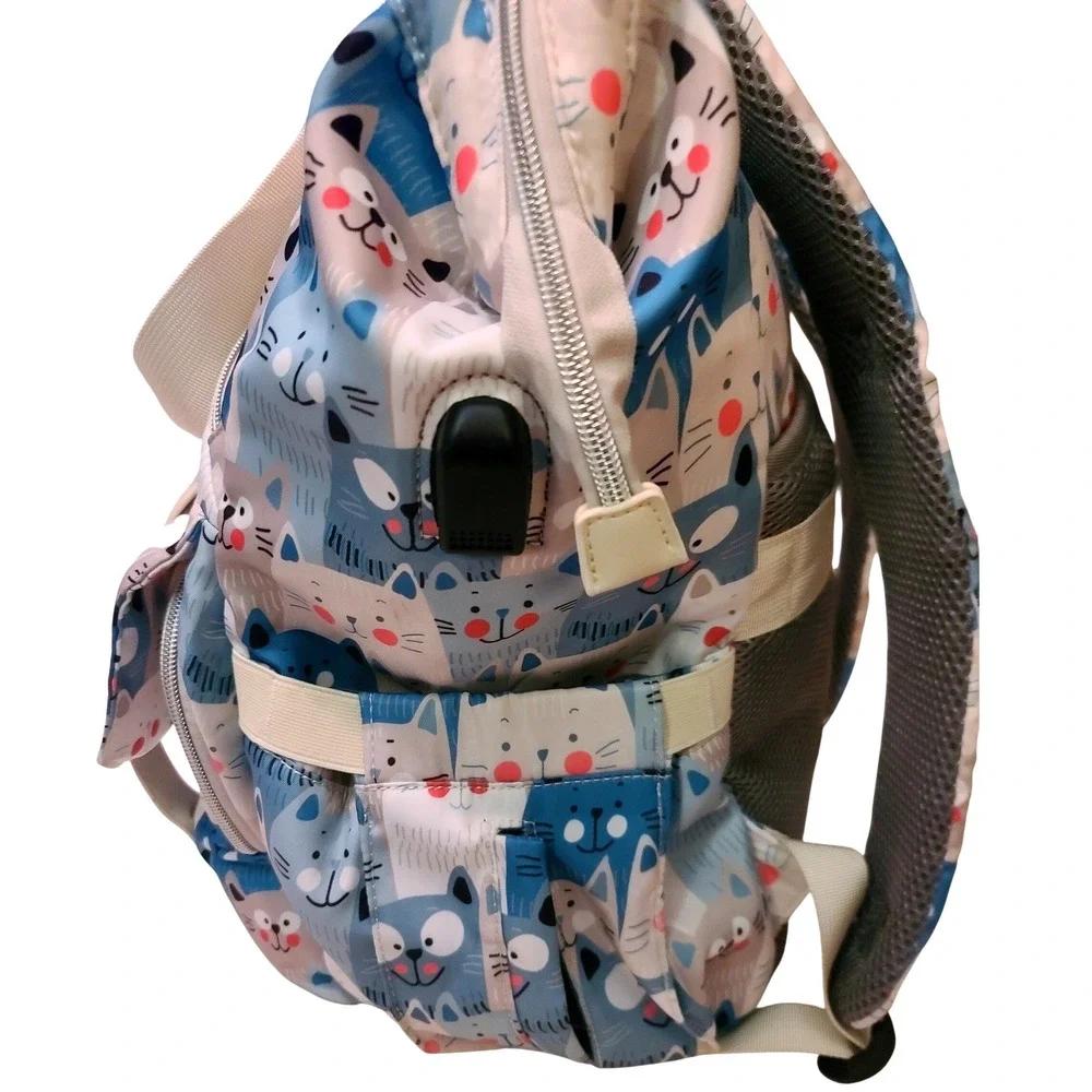 Diaper Bag Backpack Cat Print Blue Grey‎ White USB Charging Port Laprop Travel